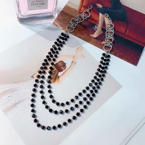🌟 Beautiful Black Crystals Chunky Two Tone Chain Necklace Choker - Picture 5 of 5